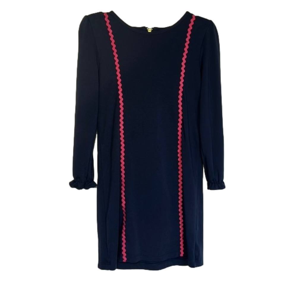 LILA and Hayes Girls Heavy Gauge Navy Blue Dress Long Sleeve Pink Bric Brac Trim